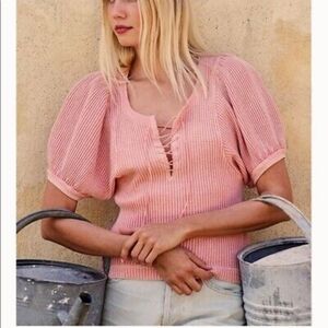 Free People FP One Hayden Pink Thermal Blouse Top Puff Sleeve Lace-up XS